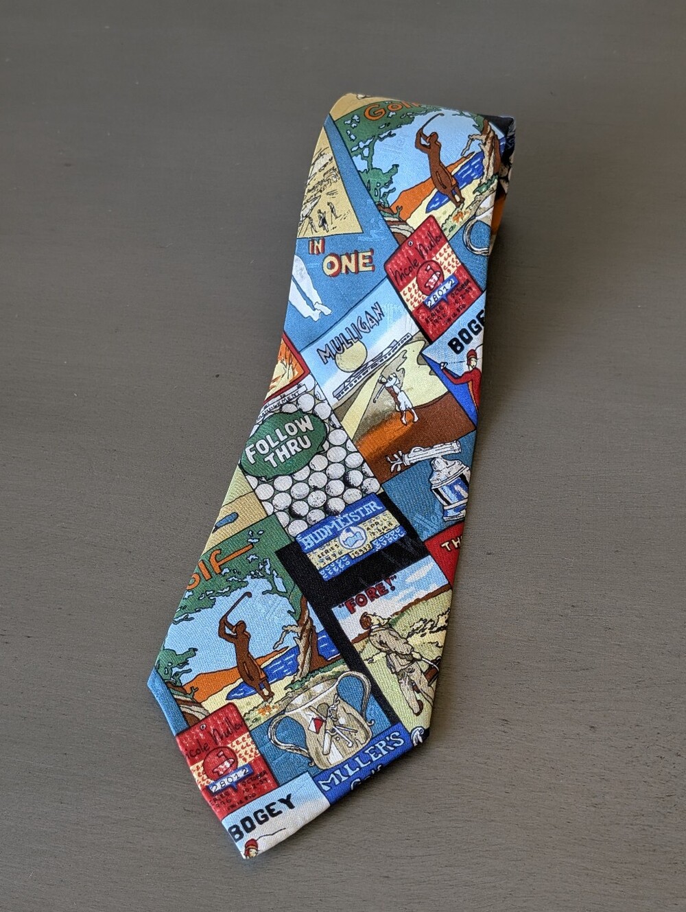 Nicole Miller 1997 Blue Multi-Color Novelty Golf Panel Tie All Silk